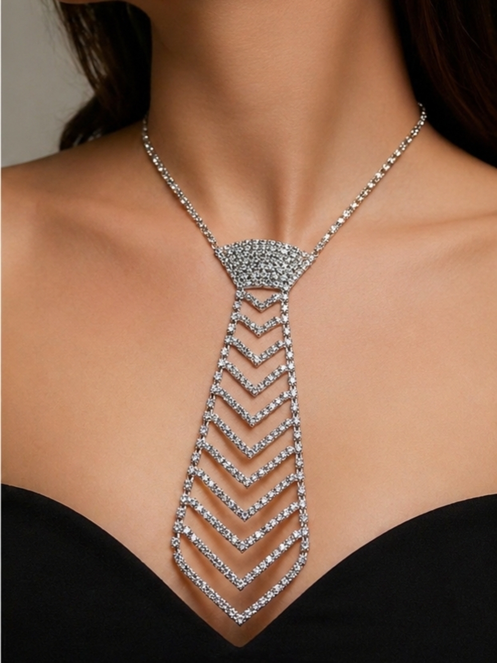 Silver Crystal Chevron Tie Necklace - Picture 1 of 5